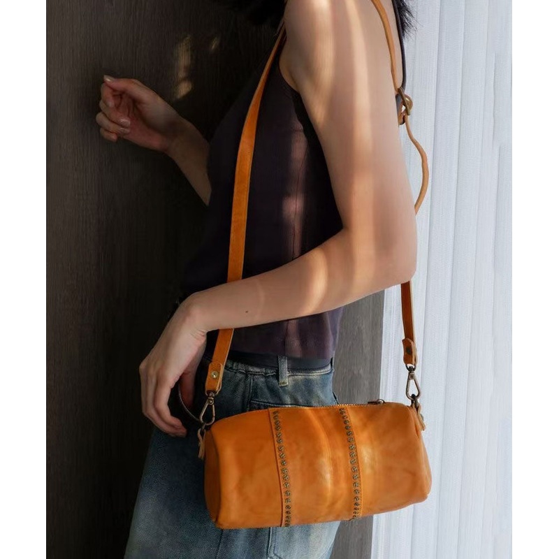 Casual Brown Rivet Solid Durable Leather Bucket Bag
