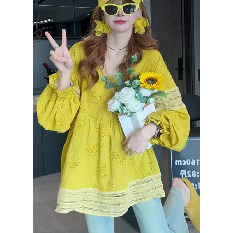 Chic Yellow V Neck Patchwork Cotton Blouse Tops Lantern Sleeve