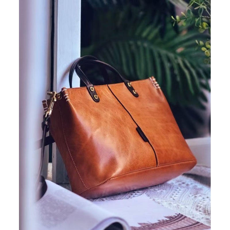 Classic Solid Durable Patchwork Leather Tote Handbag