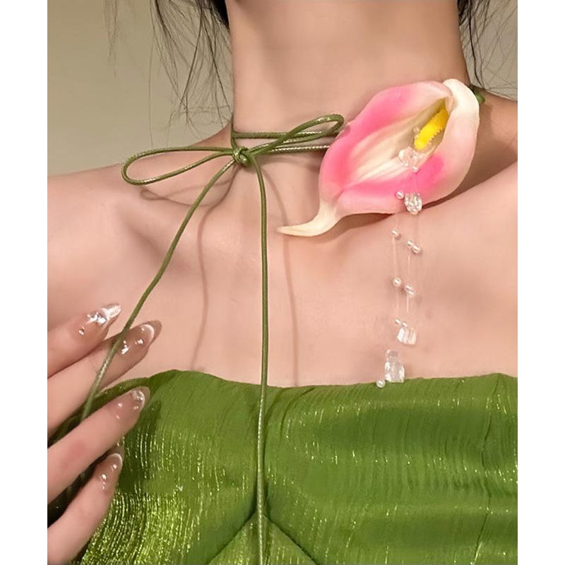 Cute Green Pearl Horseshoe Lotus Tassel Princess Necklace