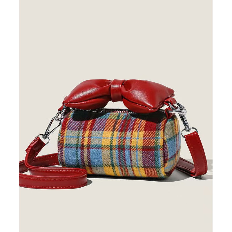 Cute Red Plaid Bow Canvas-linen Girls Round Bag