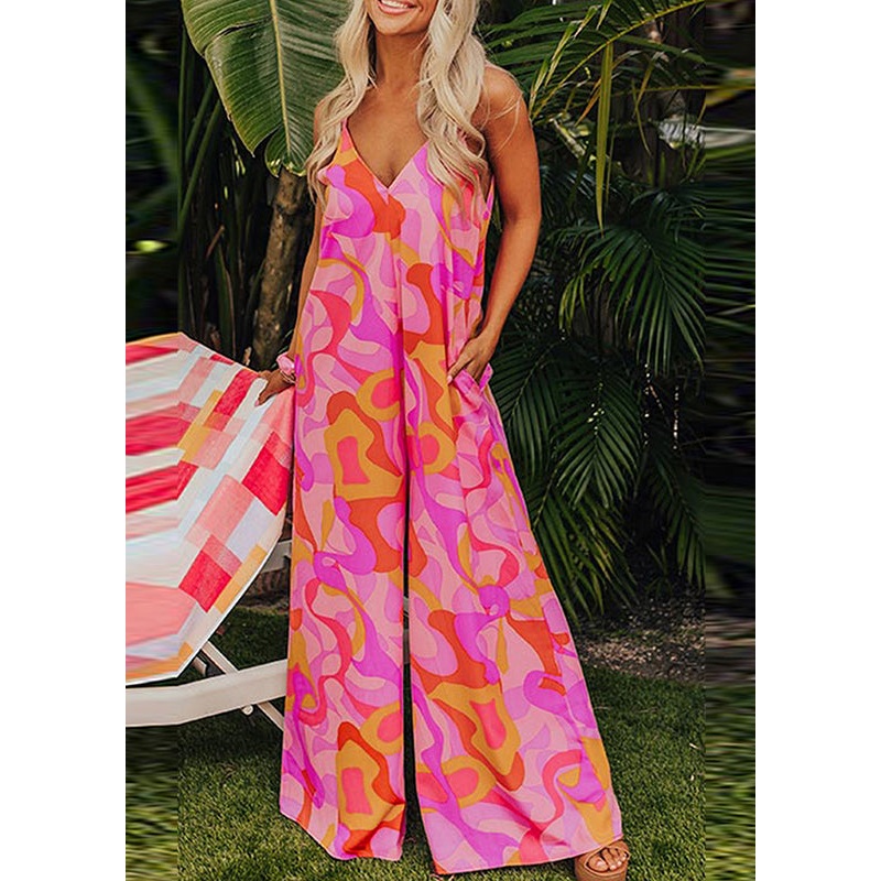 Fine Pink V Neck Print Pockets Jumpsuits Summer
