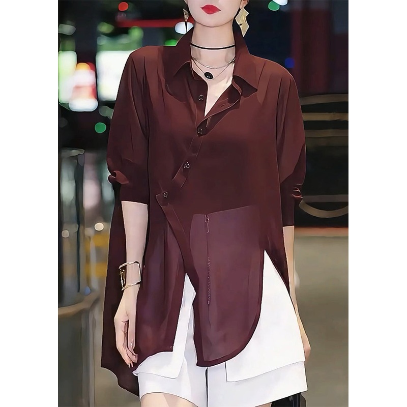 Italian Mulberry Asymmetrical Patchwork Chiffon Shirts Summer