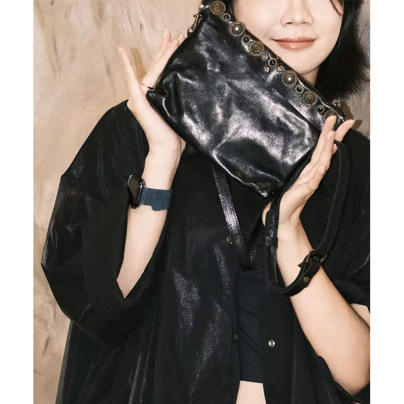 Modern Black Rivet Solid Durable Leather Micro Bag