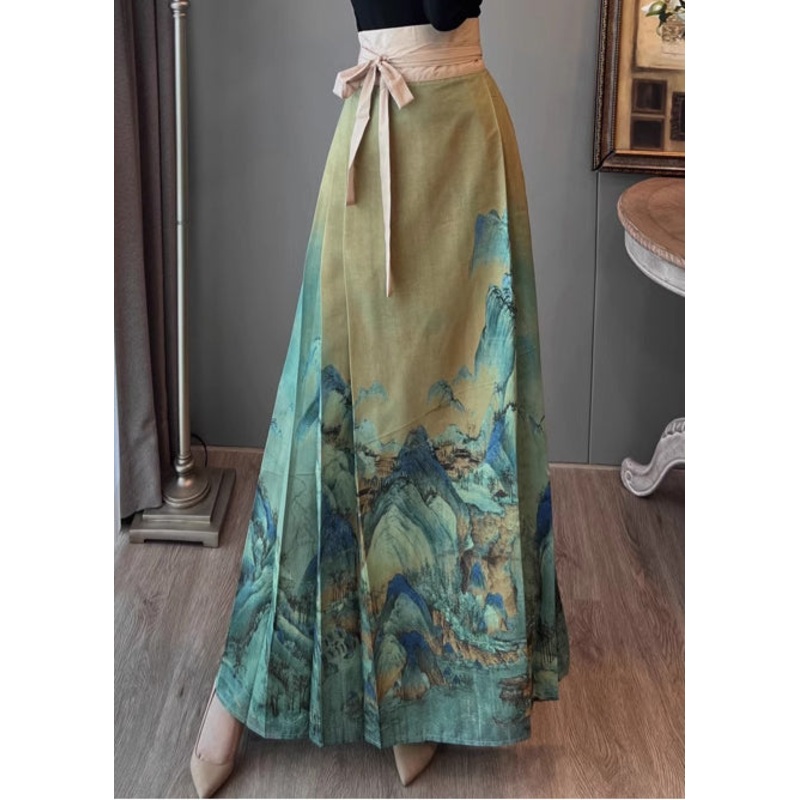 Retro Green Tunic Wrinkled Chinese Style Skirt Summer