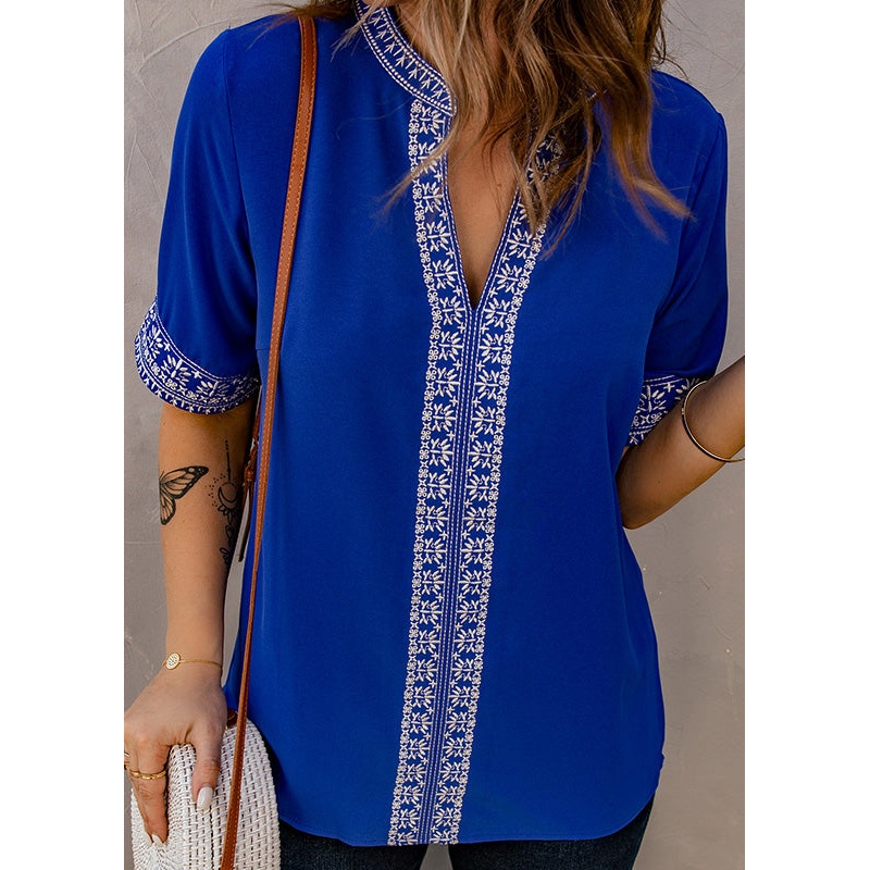Royal Blue Embroidered Thin T Shirts Summer
