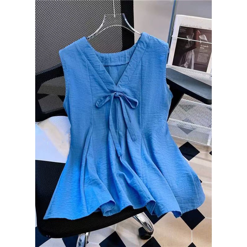 Simple Blue V Neck Bow Solid Cotton Tank Sleeveless