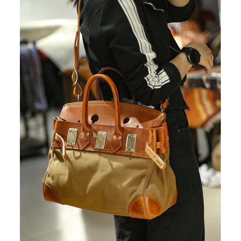 Stylish Brown Canvas-linen Patchwork Durable Leather Tote Handbag