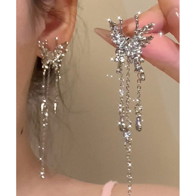 Unique Silk Metal Alloy Zircon Butterfly Tassel Drop Earrings