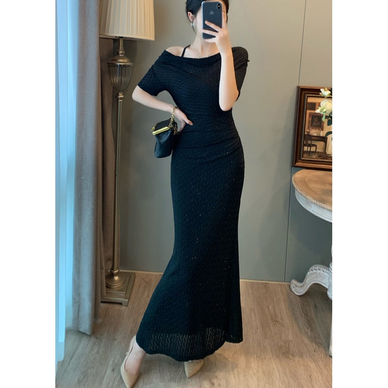 Women Black Slash Neck Silm Fit Long Dress Summer