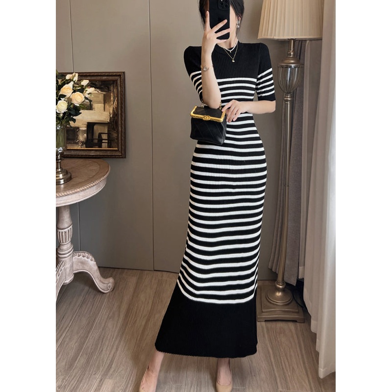 Women Black Stand Collar Striped Knit Straight Dress Summer