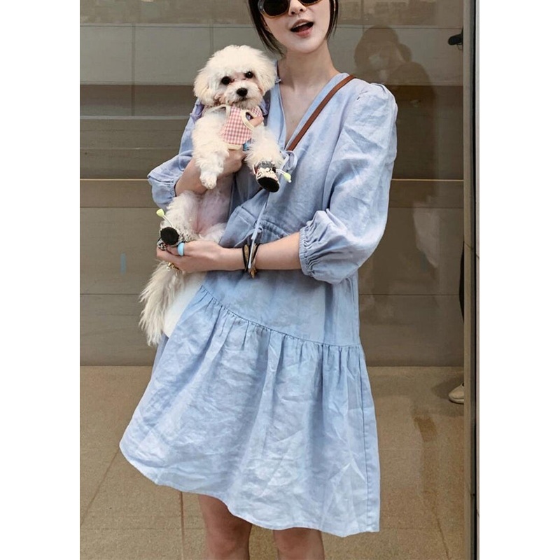 Women Blue V Neck Lace Up Linen Mid Dress Bracelet Sleeve