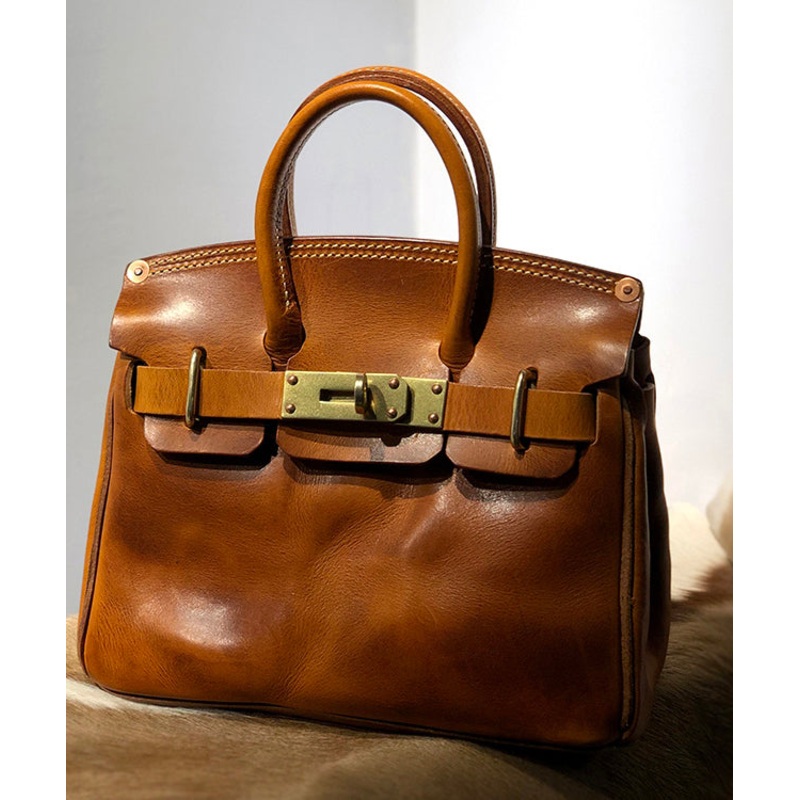 Women Brown Solid Durable Patchwork Golden Leather Tote Handbag