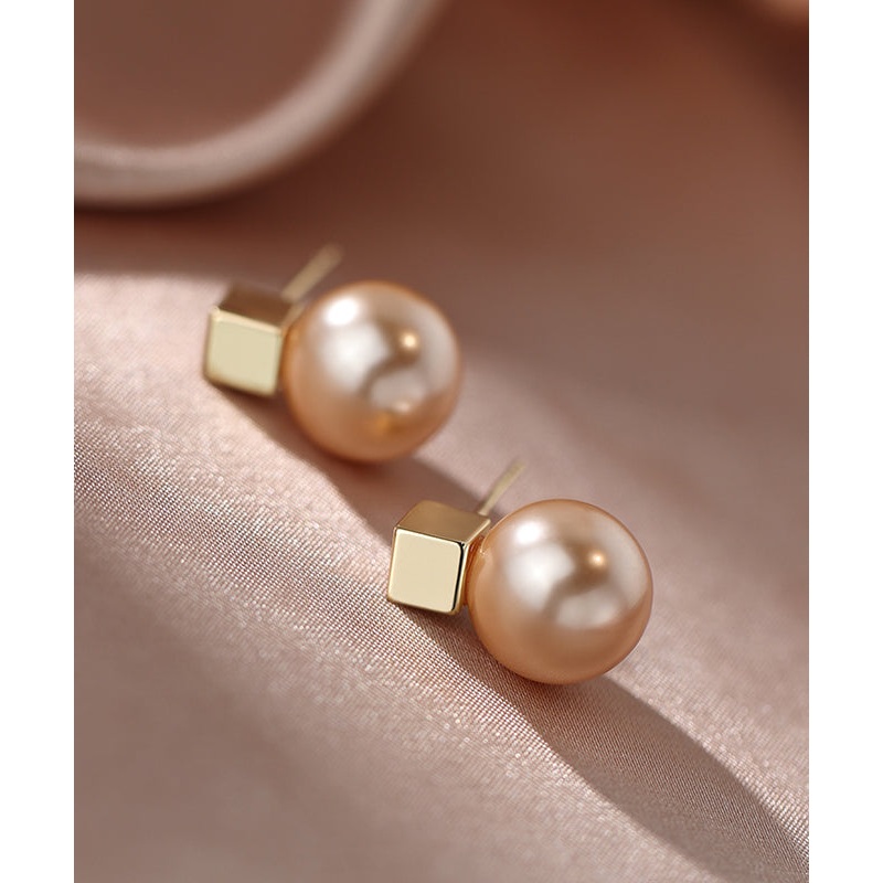 Women Champagne Copper Alloy Pearl Stud Earrings