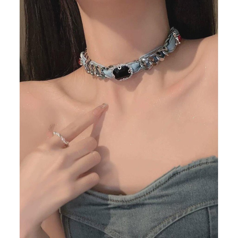 Women Denim Blue Metal Denim Crystal Chain Collar Necklace