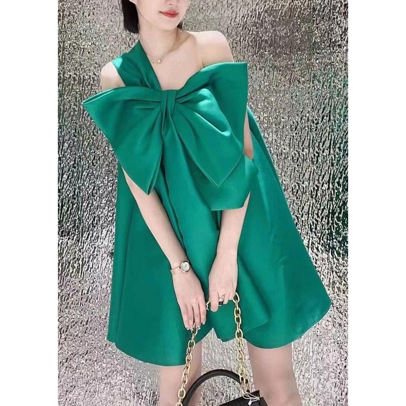Women Green One Shoulder Bow Satin Party Dress Summer