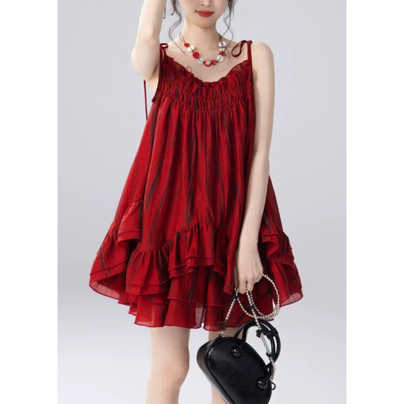 Women Red Ruffled Spaghetti Strap Top And Skirts Two Pieces Set Summer