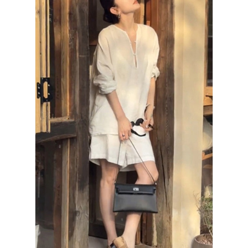 Women White Button Shirts And Pockets Shorts Cotton Two Pieces Set Summer