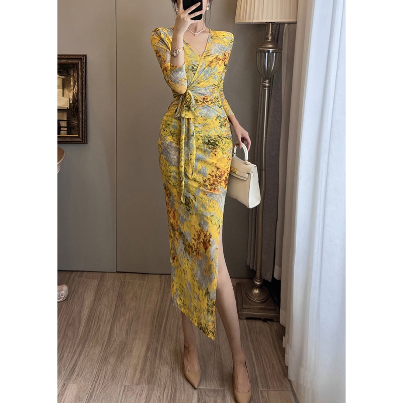 Yellow Print Tulle Party Dress Side Open Summer
