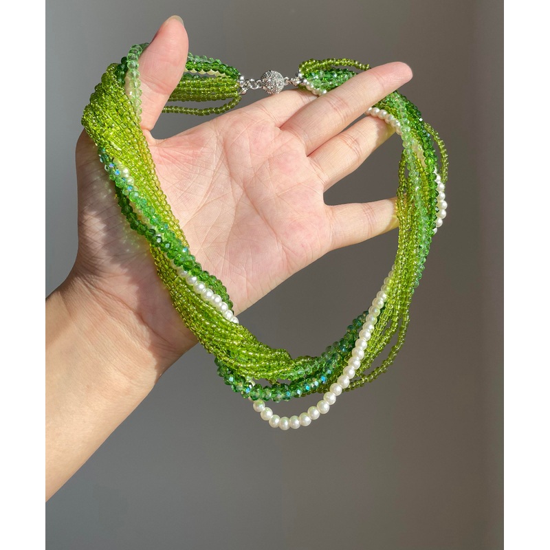 Bohemian Green Crystal Resin Layered Gratuated Bead Necklace