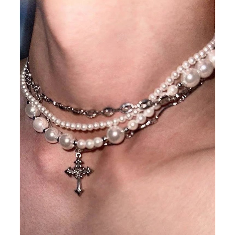 Original Colorblock Metal Zircon Layered Pearl Cross Gratuated Bead Necklace