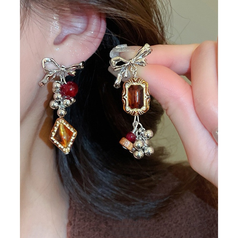 Vintage Acrylic Alloy Asymmetrical Amber Bow Tassel Drop Earrings