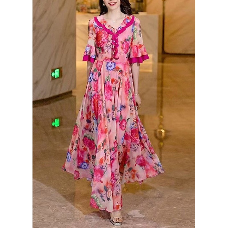 Women Pink Ruffled Print Chiffon Long Dress Summer