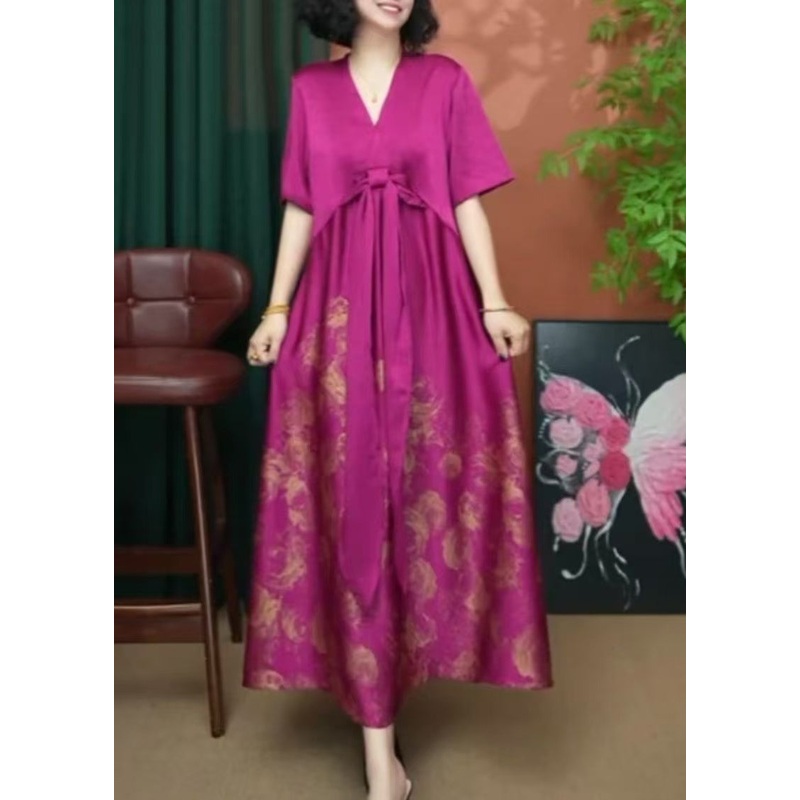 Women Rose V Neck Print Patchwork Silk Long Dress Summer