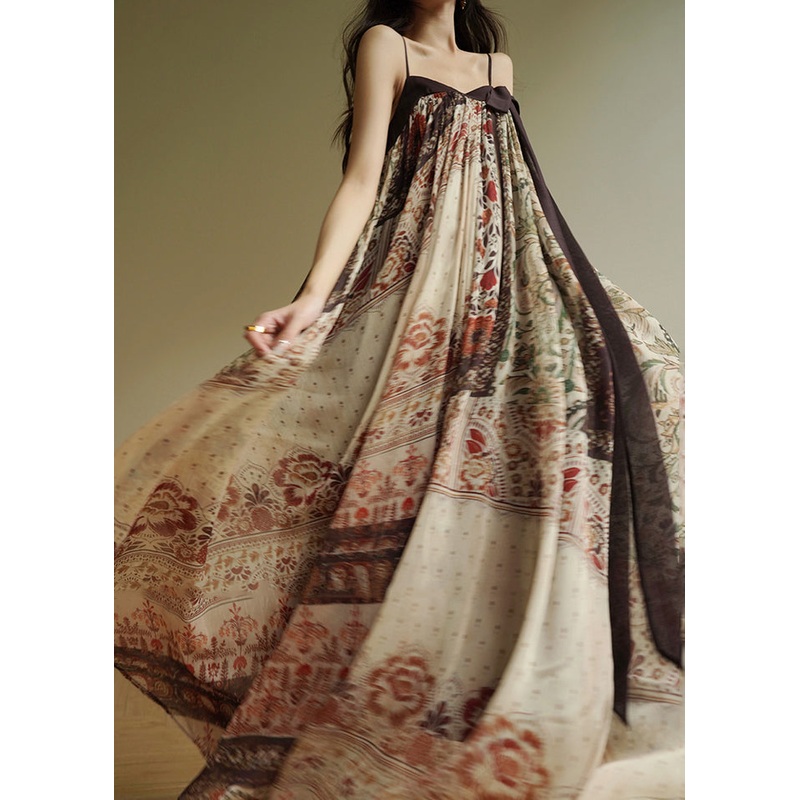 Art Slash Neck Patchwork Long Spaghetti Strap Dress Sleeveless