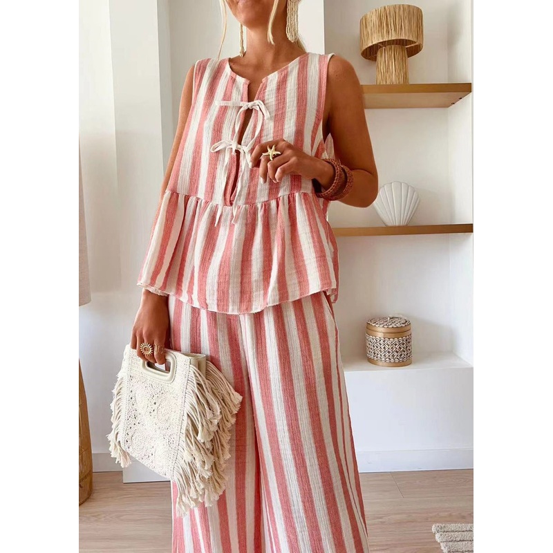 Beautiful Pink Striped O-Neck Top And Wide Leg Pants Two Piece Set Summer