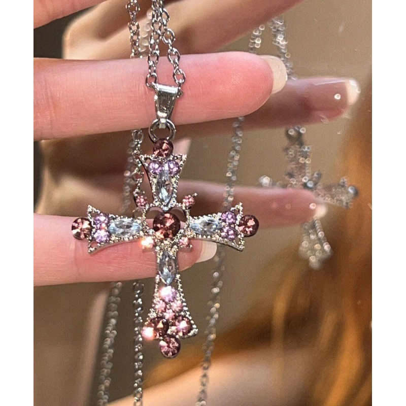 Beautiful Purple Alloy Zircon Cross Lariat Necklace