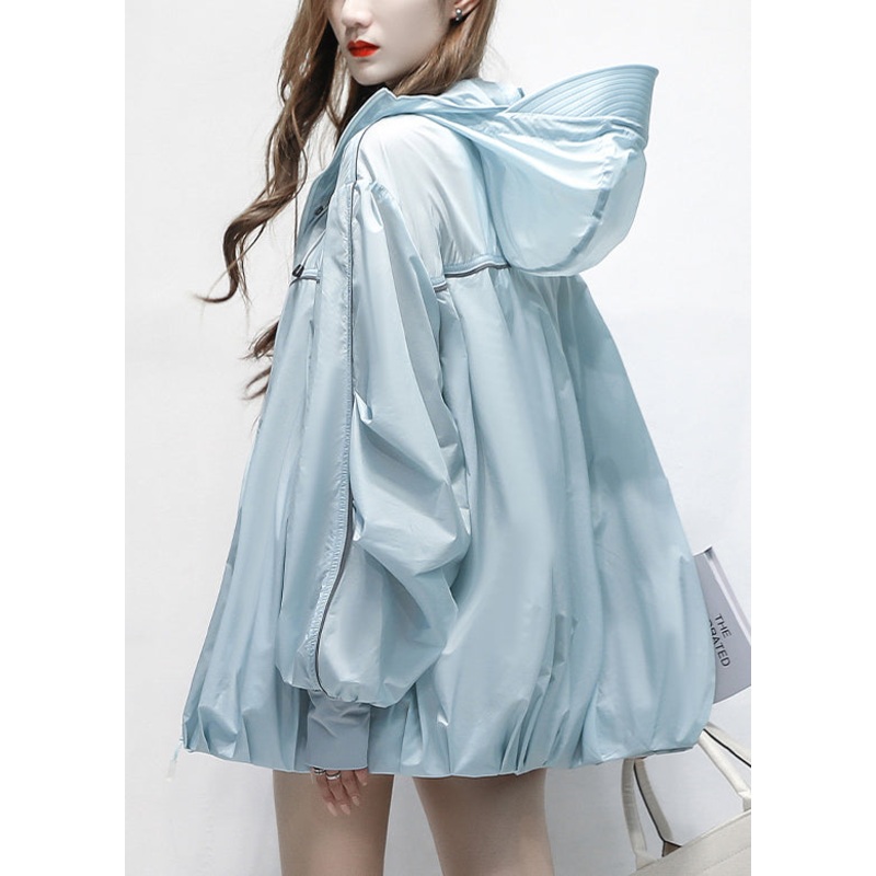 Blue Zippered Pockets Thin Cotton Summer Coats Hooded