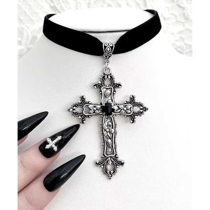 Boho Black Genuine Leather Cross Pendant Necklace