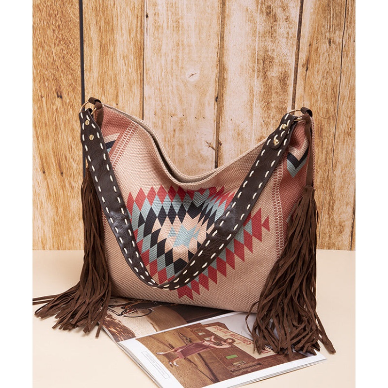 Boho Khaki Tassel Large Capacity Canvas Shoulder Bag