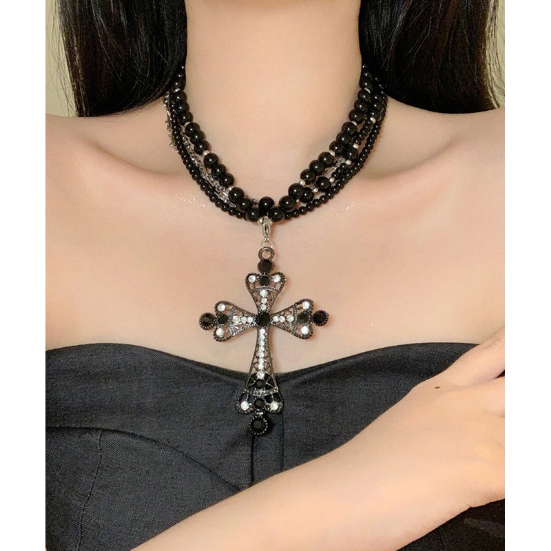 Chic Black Zircon Cross Multilayer Beads Gratuated Bead Necklace