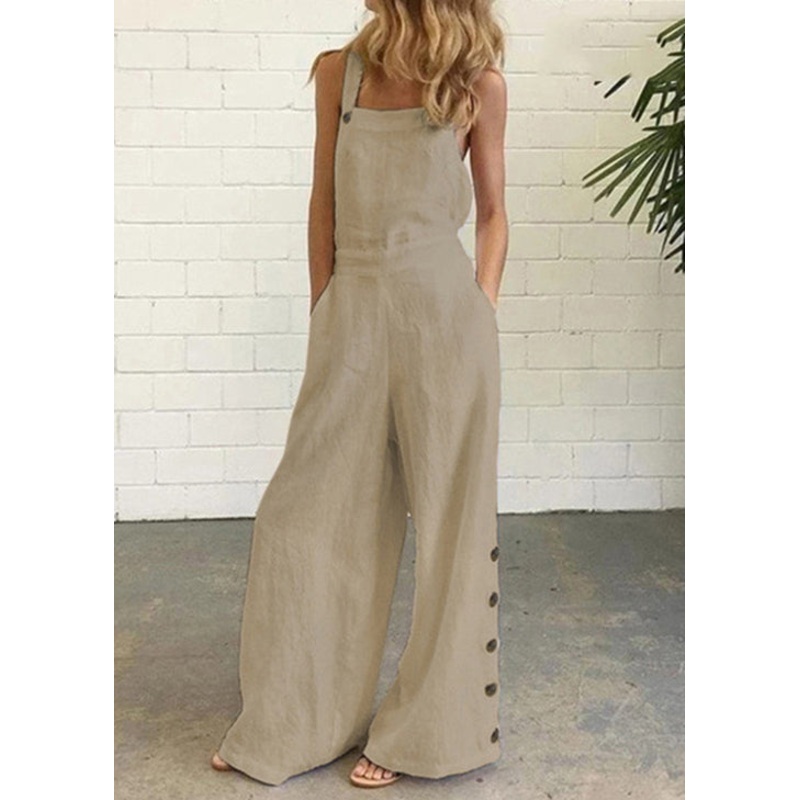 Chic Khaki Pockets Button Patchwork Cotton Jumpsuit Summer