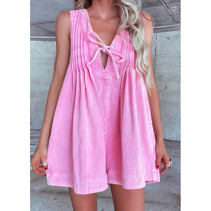 Cute Pink Wrinkled Patchwork Tie Lace Jumpsuit Summer