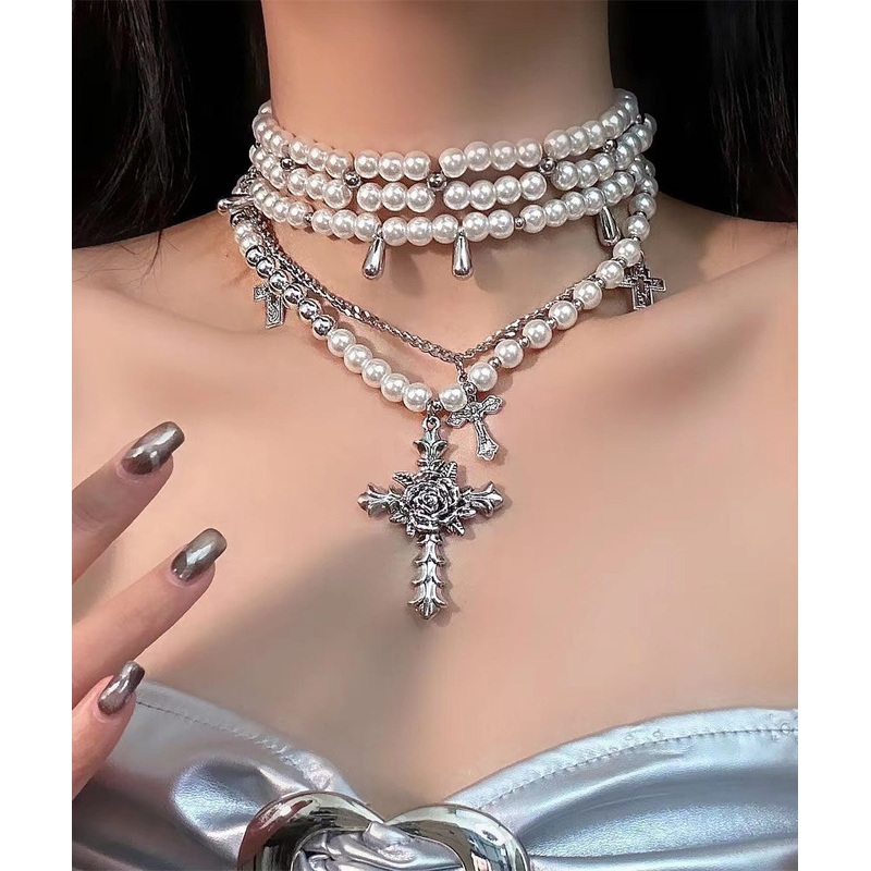 Cute White Alloy Pearl Multilayer Cross Gratuated Bead Necklace