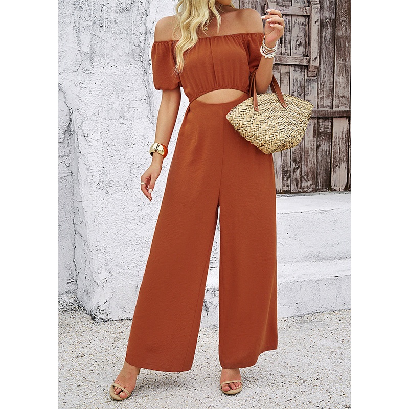 Fashion Brown Slash Neck Hollow Out Cotton Jumpsuit Summer