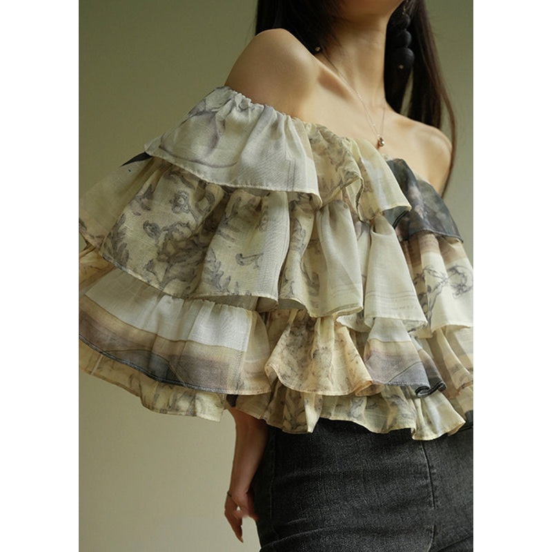 French Cold Shoulder Ruffled Print Chiffon Shirt Half Sleeve