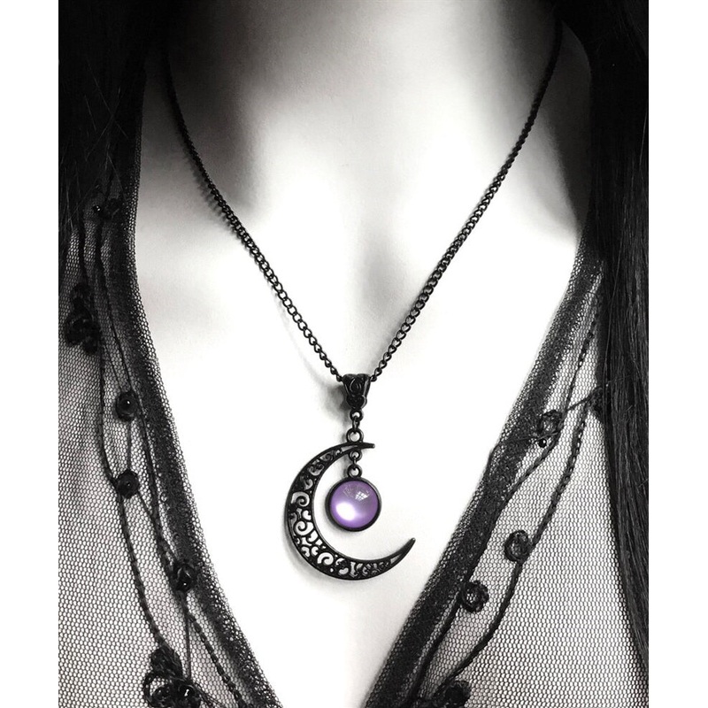 Original Purple Alloy Crystal Moon Hollow Out Pendant Necklace