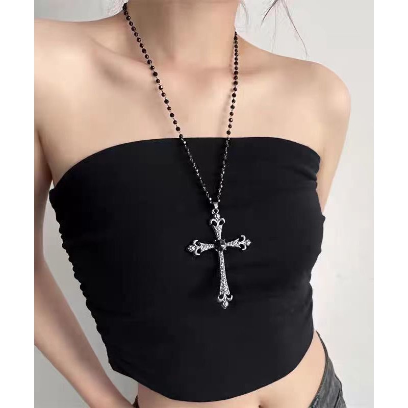 Retro Black Alloy Zircon Beads Cross Gratuated Bead Necklace