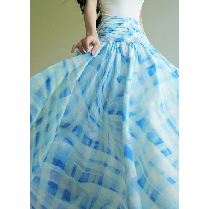 Stylish Blue Plaid Patchwork High Waist Maxi Skirt Summer
