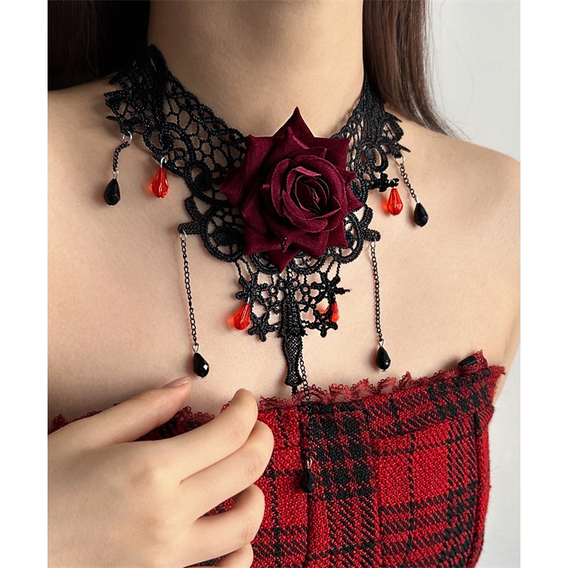 Stylish Red Lace Rose Necklace And Chain Bracelet Tassel Two-Piece Set Princess Necklace