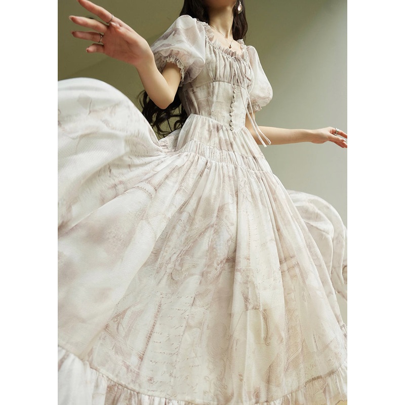 Women O-Neck Ruffled Print Tunic Chiffon Long Dress Summer