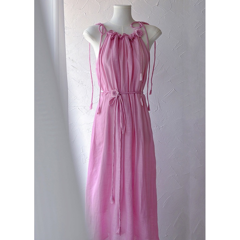 Women Pink Ruffled Lace Up Cotton Long Dress Sleeveless