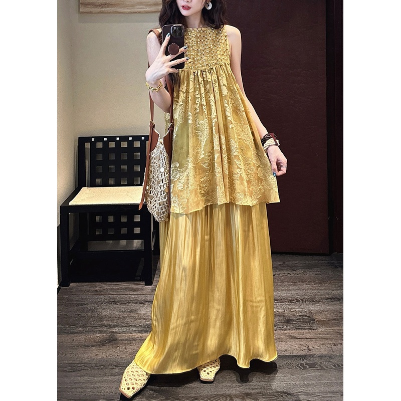 Yellow False Two Pieces Patchwork Silk Dress O Neck Summer