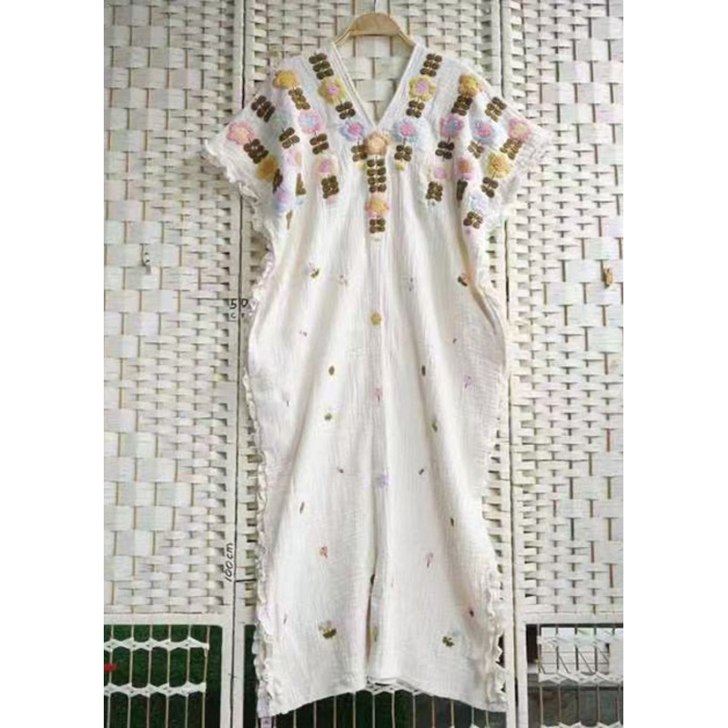 Art Beige V Neck Embroidered Ruffled Cotton Long Dresses Summer