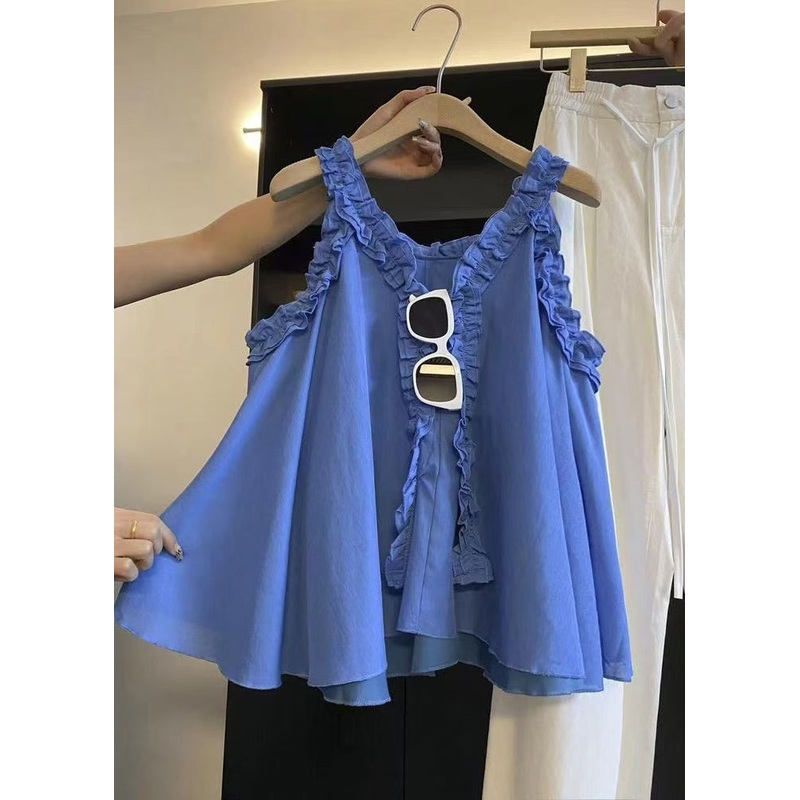 Art Blue Ruffled Solid Cotton Blouse Top Sleeveless