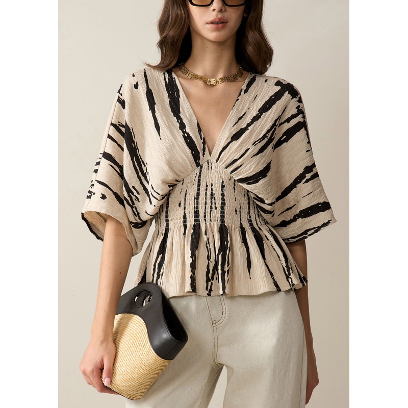 Art Khaki V Neck Print Cotton Shirt Half Sleeve